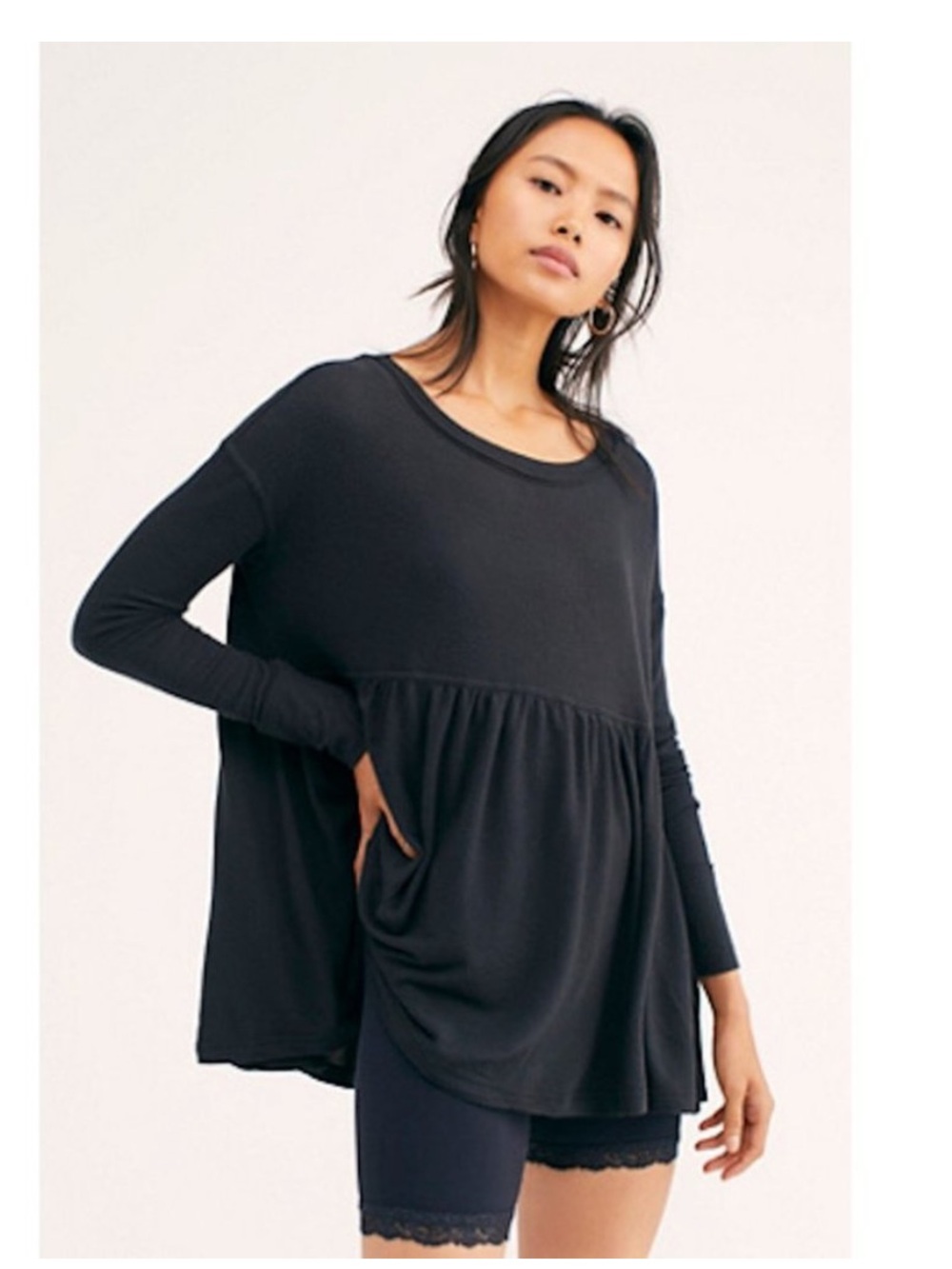 Free People Forever Your Girl Babydoll top SZ XS Oversized Stretchy Flowy Black